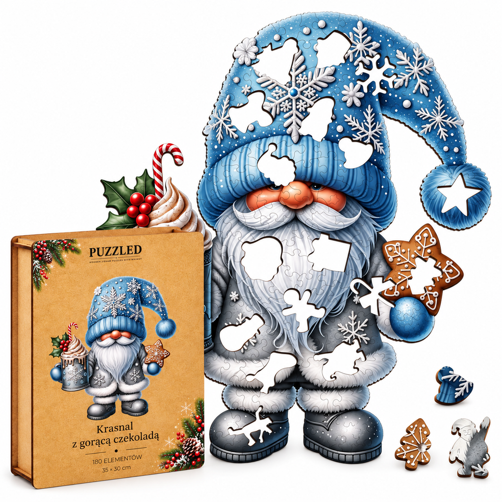 Puzzle Drewniane Krasnal z Gorącą Czekoladą – 180 elementów