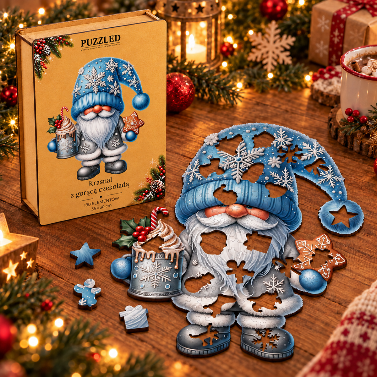 Puzzle Drewniane Krasnal z Gorącą Czekoladą – 180 elementów